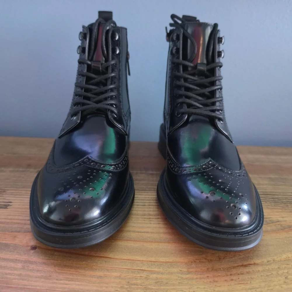 Vince Camuto Mens Jaycob Wingtip Boots Black Leather Lace Up Side Zip 8M